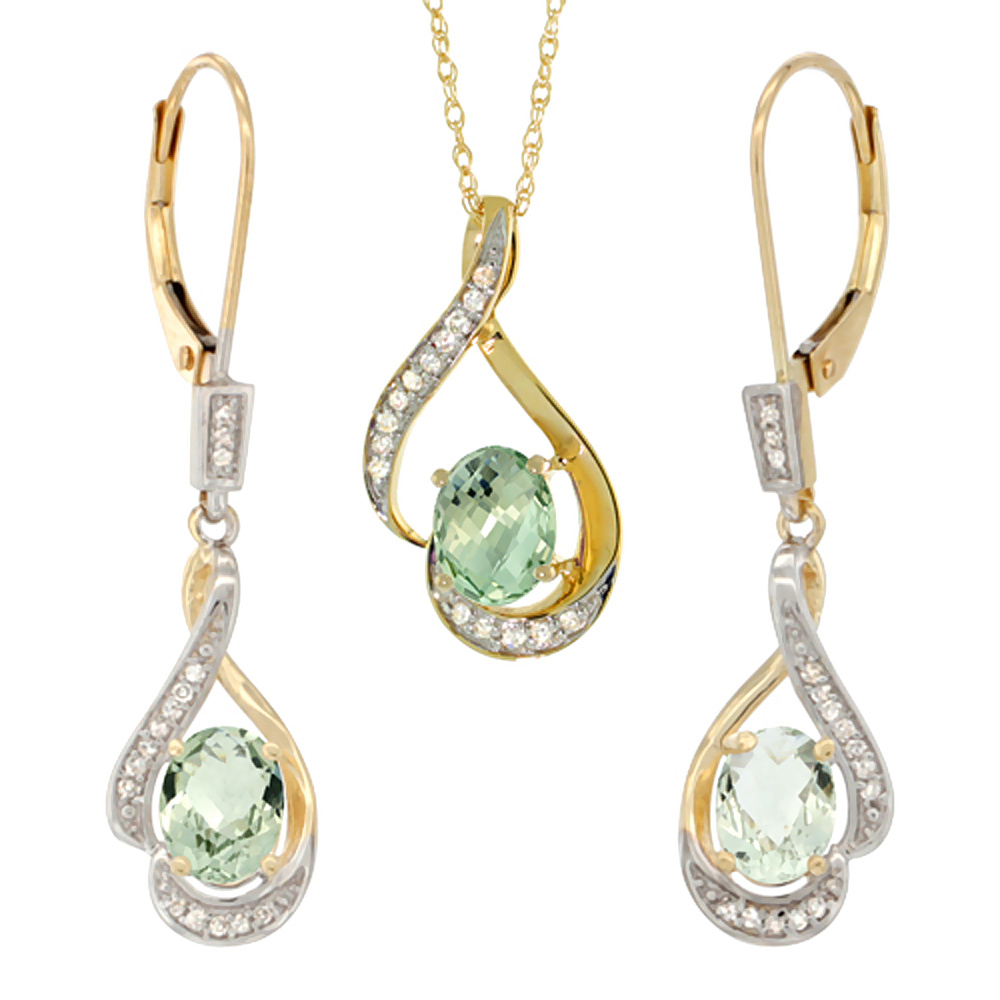 14K Yellow Gold Diamond Natural Green Amethyst Lever Back Earrings Necklace Set Oval 7x5mm, 18 inch long
