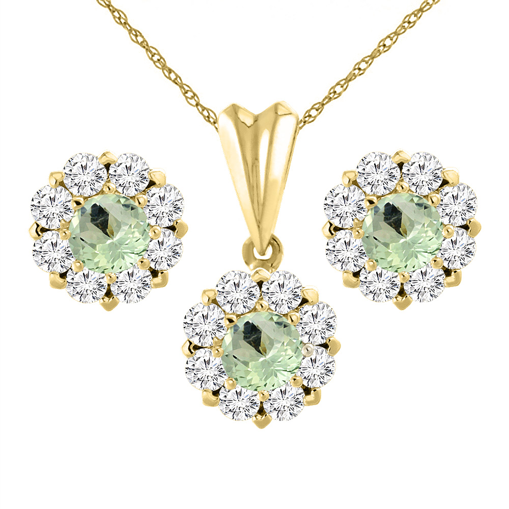 14K Yellow Gold Natural Green Amethyst Earrings and Pendant Set with Diamond Halo Round 6 mm