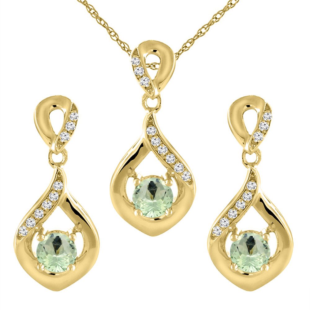 14K Yellow Gold Natural Green Amethyst Earrings and Pendant Set with Diamond Accents Round 4 mm