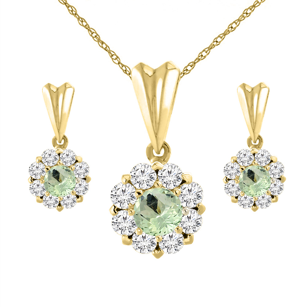 14K Yellow Gold Natural Green Amethyst Earrings and Pendant Set with Diamond Halo Round 4 mm