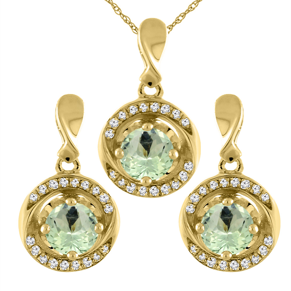 14K Yellow Gold Natural Green Amethyst Earrings and Pendant Set with Diamond Accents Round 4 mm