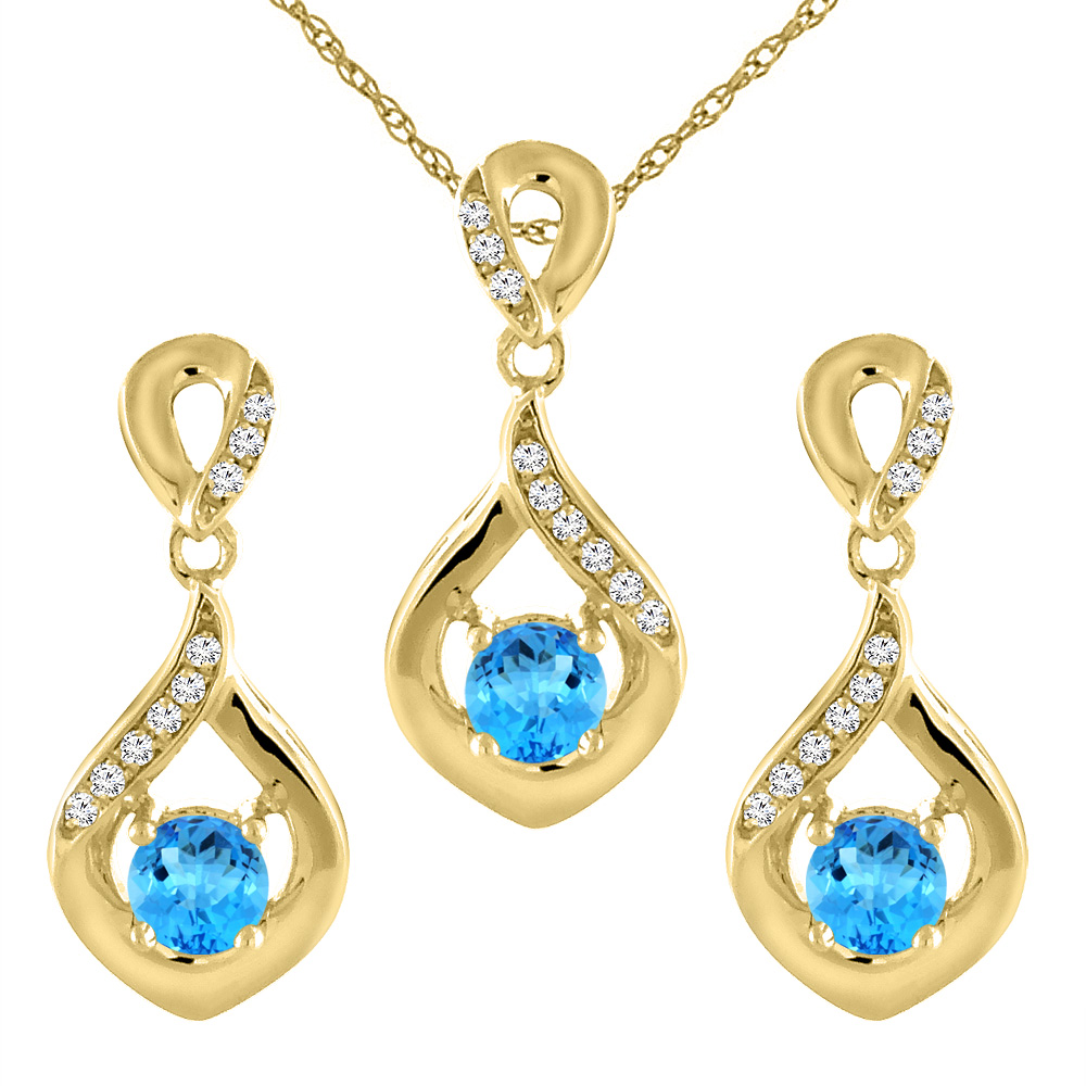 14K Yellow Gold Natural Swiss Blue Topaz Earrings and Pendant Set with Diamond Accents Round 4 mm