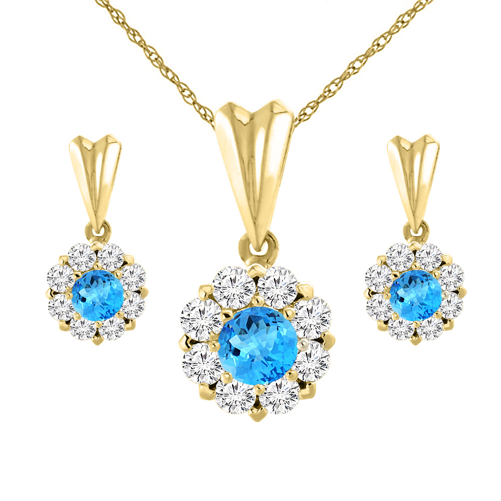 14K Yellow Gold Natural Swiss Blue Topaz Earrings and Pendant Set with Diamond Halo Round 4 mm