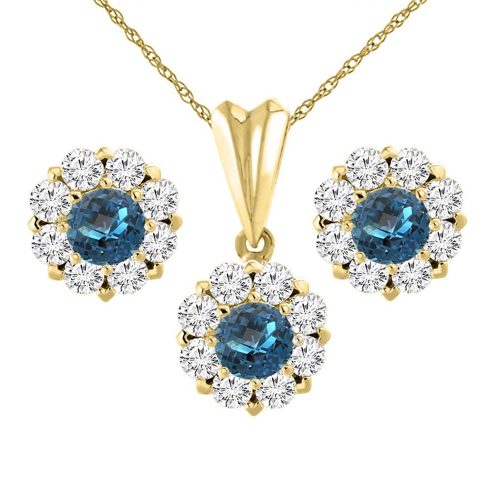 14K Yellow Gold Natural London Blue Topaz Earrings and Pendant Set with Diamond Halo Round 6 mm