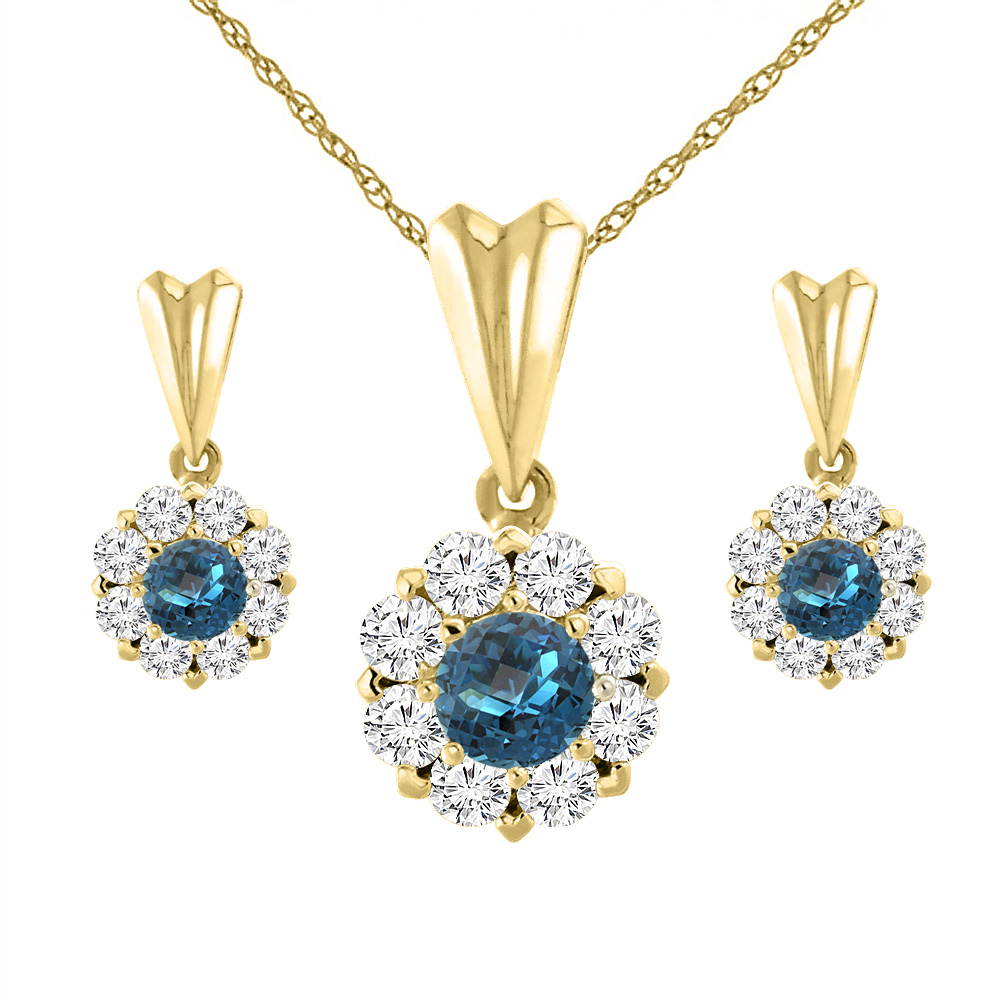 14K Yellow Gold Natural London Blue Topaz Earrings and Pendant Set with Diamond Halo Round 4 mm