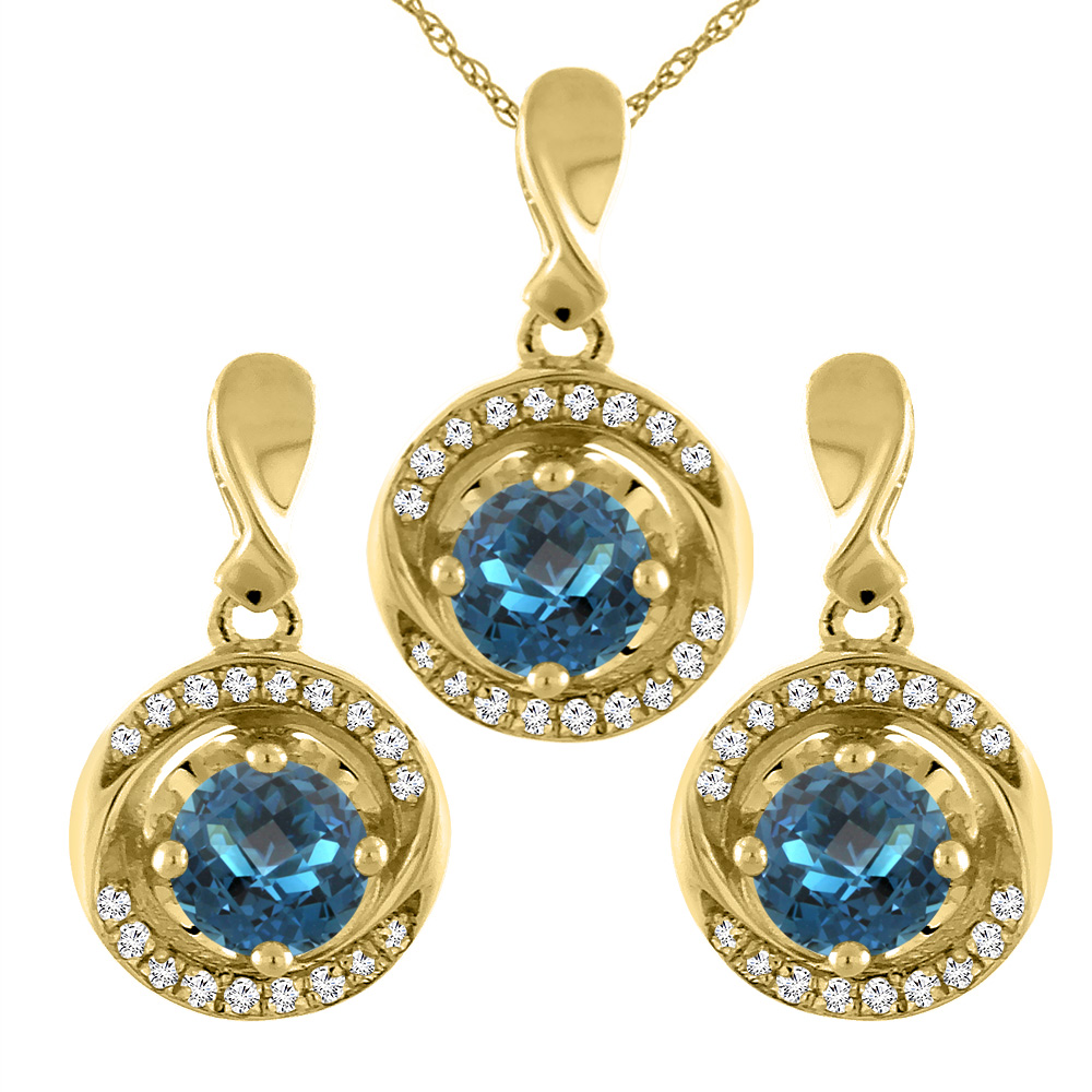 14K Yellow Gold Natural London Blue Topaz Earrings and Pendant Set with Diamond Accents Round 4 mm