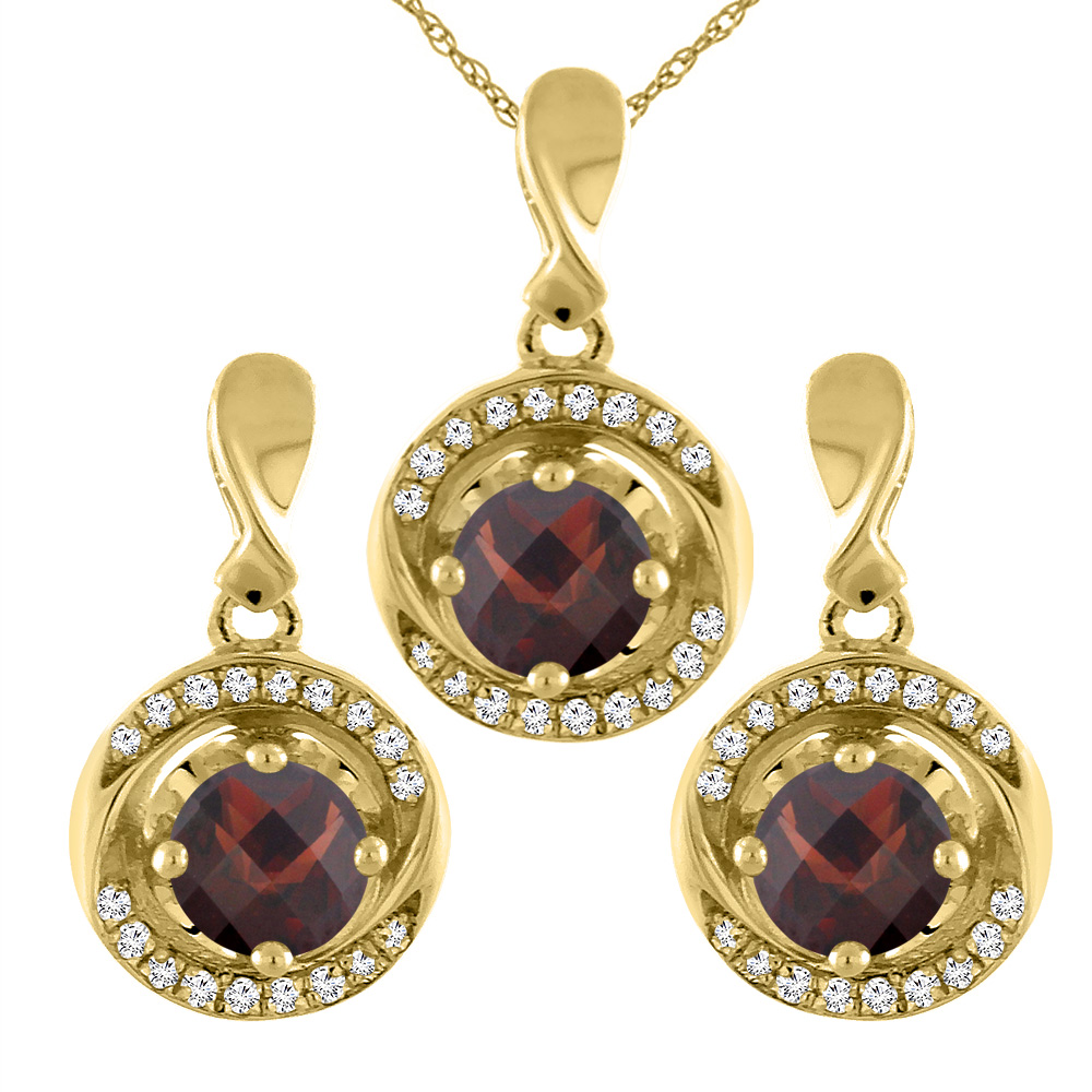 14K Yellow Gold Natural Garnet Earrings and Pendant Set with Diamond Accents Round 4 mm