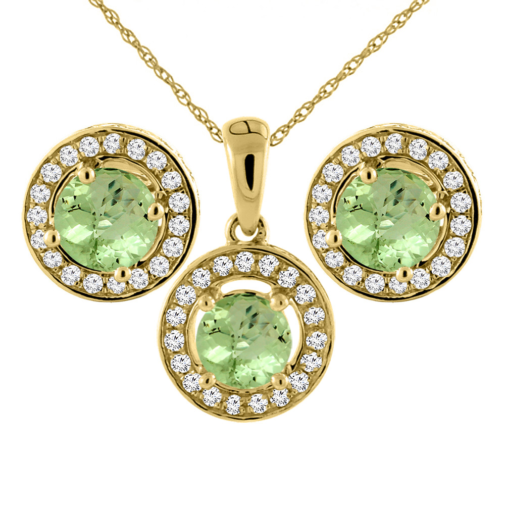 14K Yellow Gold Natural Peridot Earrings and Pendant Set with Diamond Halo Round 5 mm