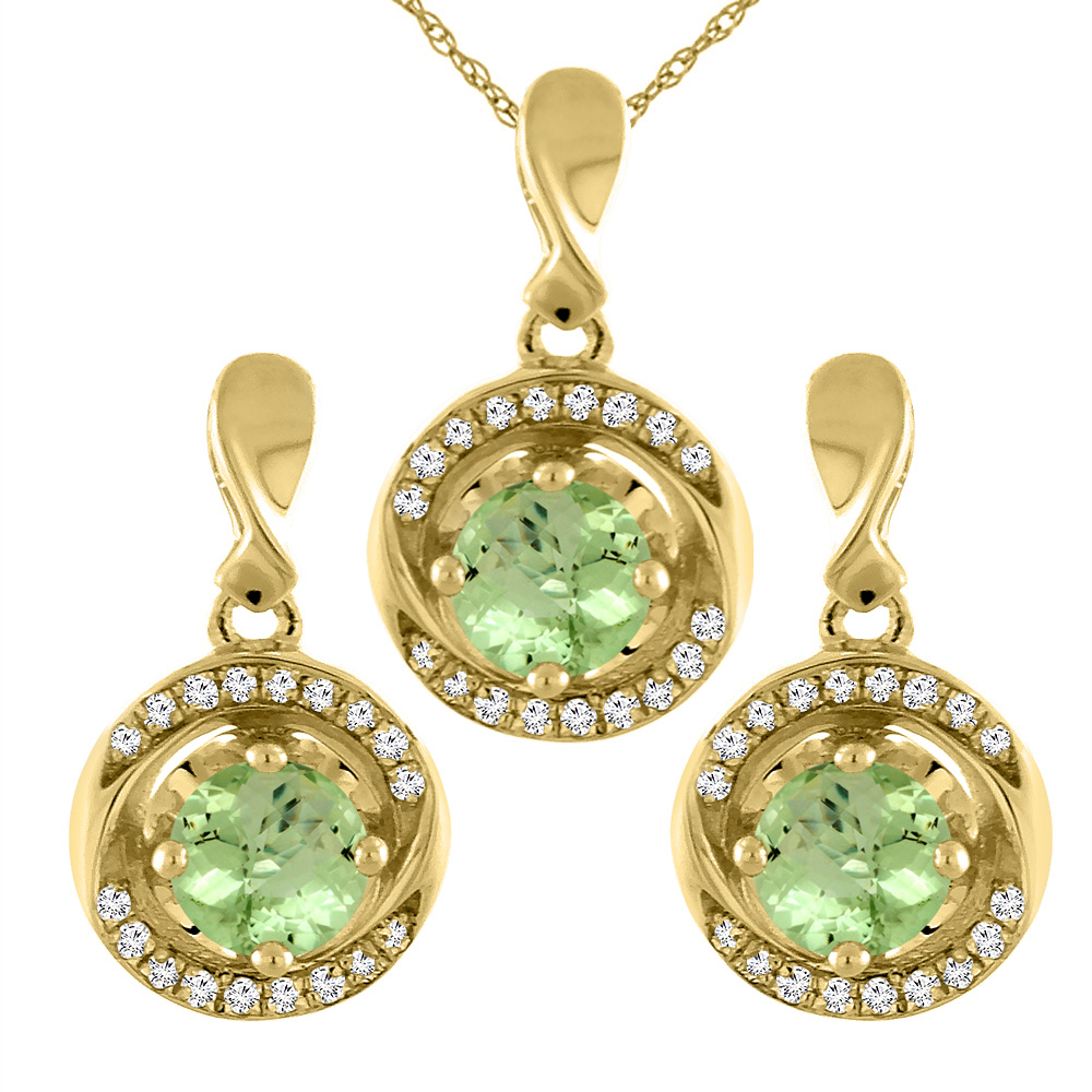 14K Yellow Gold Natural Peridot Earrings and Pendant Set with Diamond Accents Round 4 mm