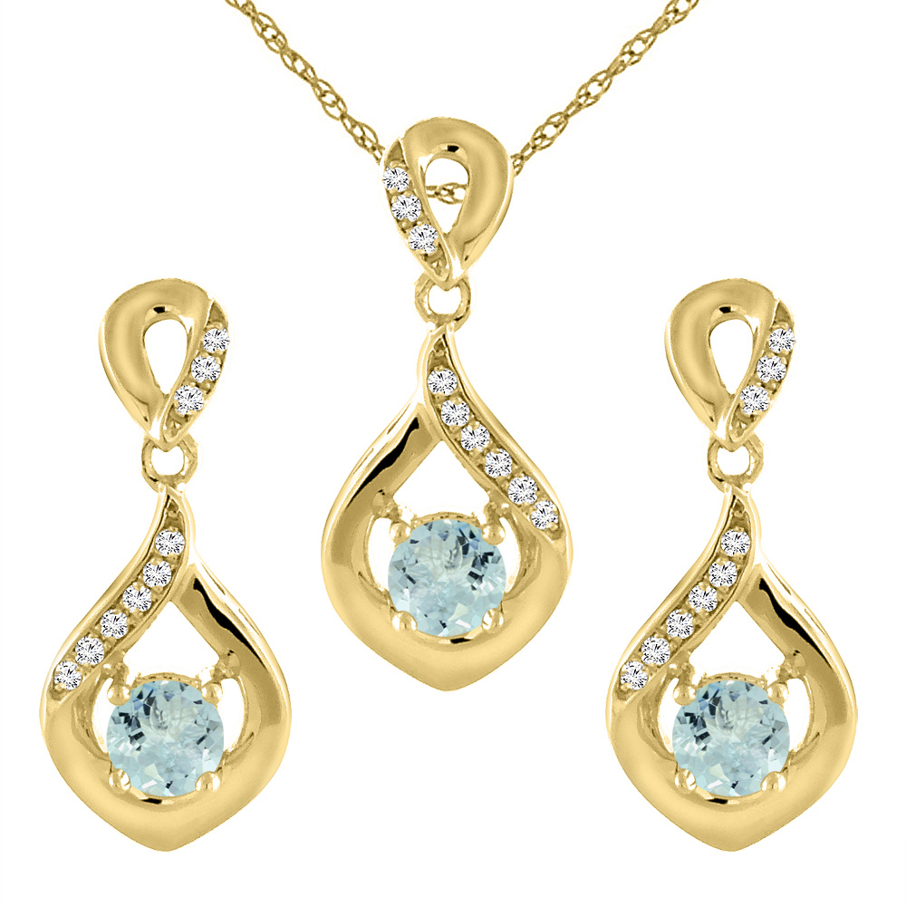 14K Yellow Gold Natural Aquamarine Earrings and Pendant Set with Diamond Accents Round 4 mm