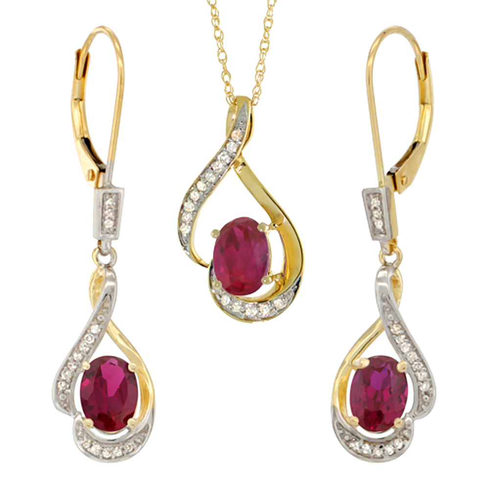 14K Yellow Gold Diamond Enhanced Genuine Ruby Lever Back Earrings & Necklace Set Oval 7x5mm, 18 inch long