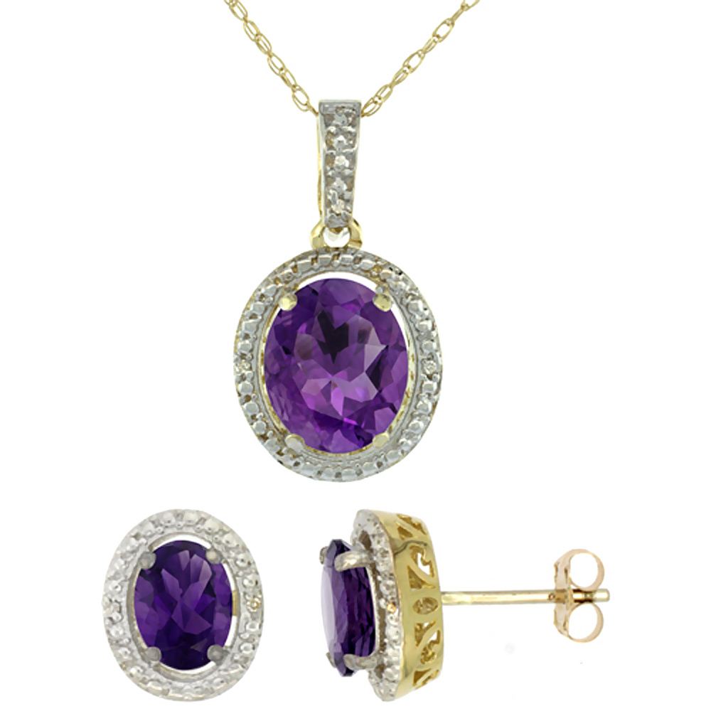 10K Yellow Gold Diamond Natural Amethyst Oval Earrings & Pendant Set