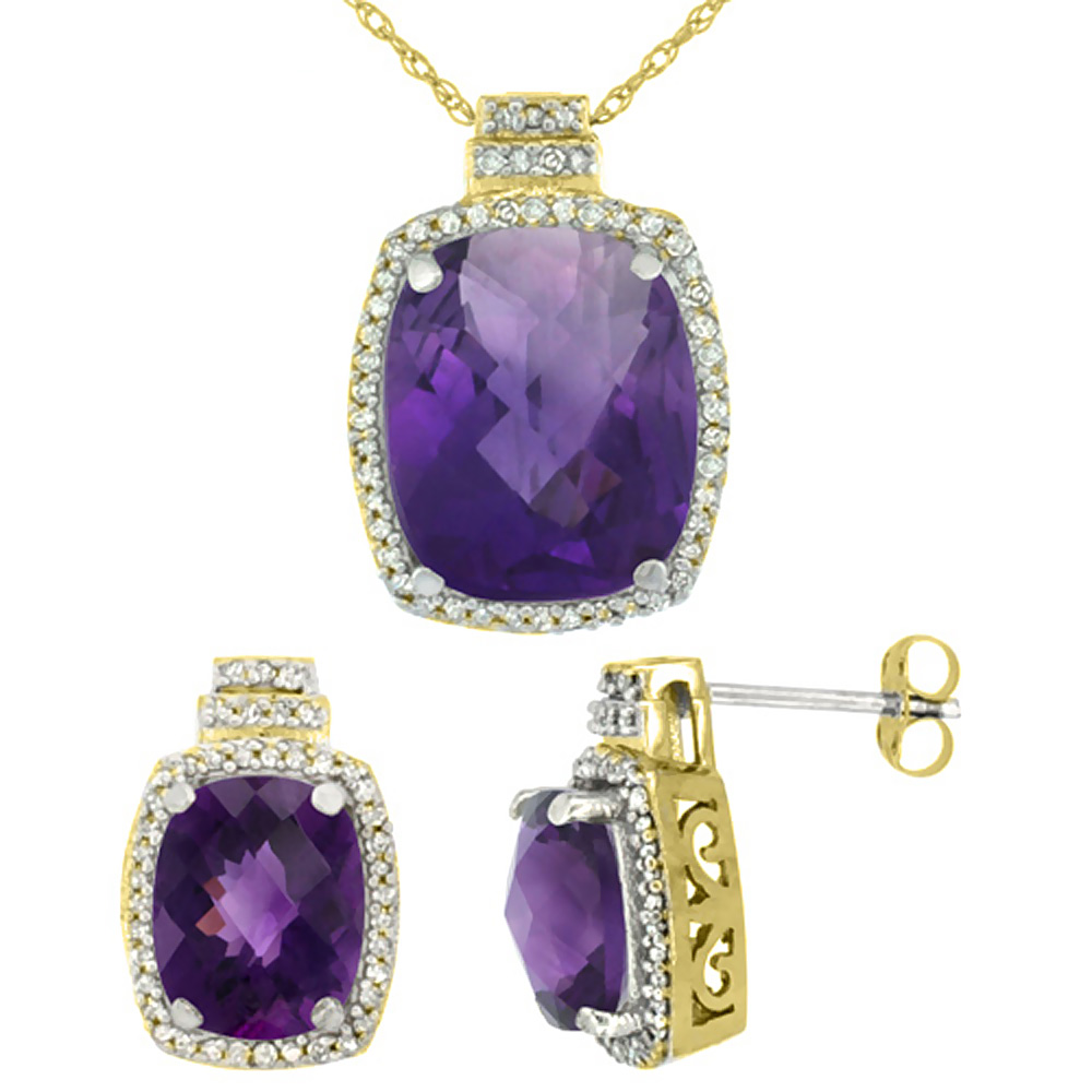 10K Yellow Gold Diamond Natural Amethyst 8x6mm Earrings & 11x9mm Pendant Set Octagon Cushion