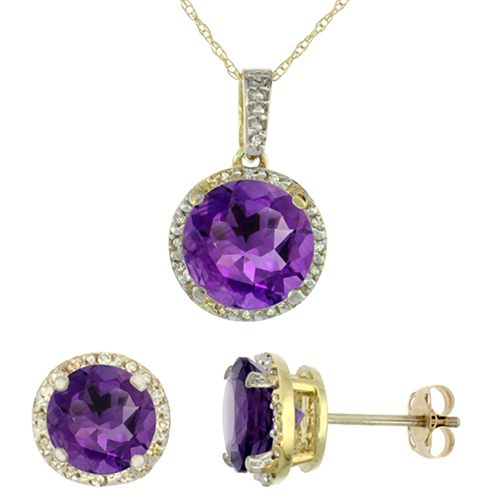 10K Yellow Gold Natural Round Amethyst Earrings &amp; Pendant Set Diamond Accents