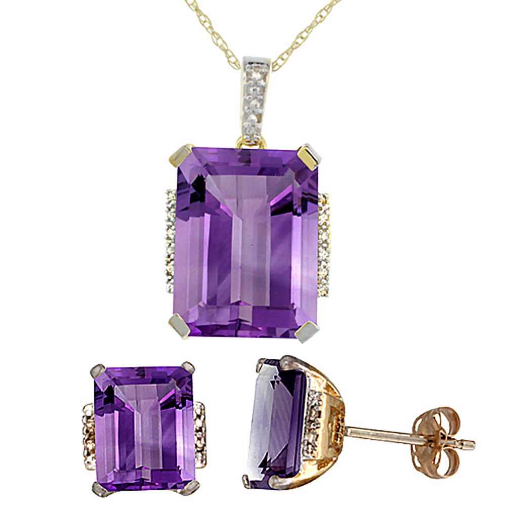 10K Yellow Gold Natural Octagon Amethyst Earrings & Pendant Set Diamond Accents