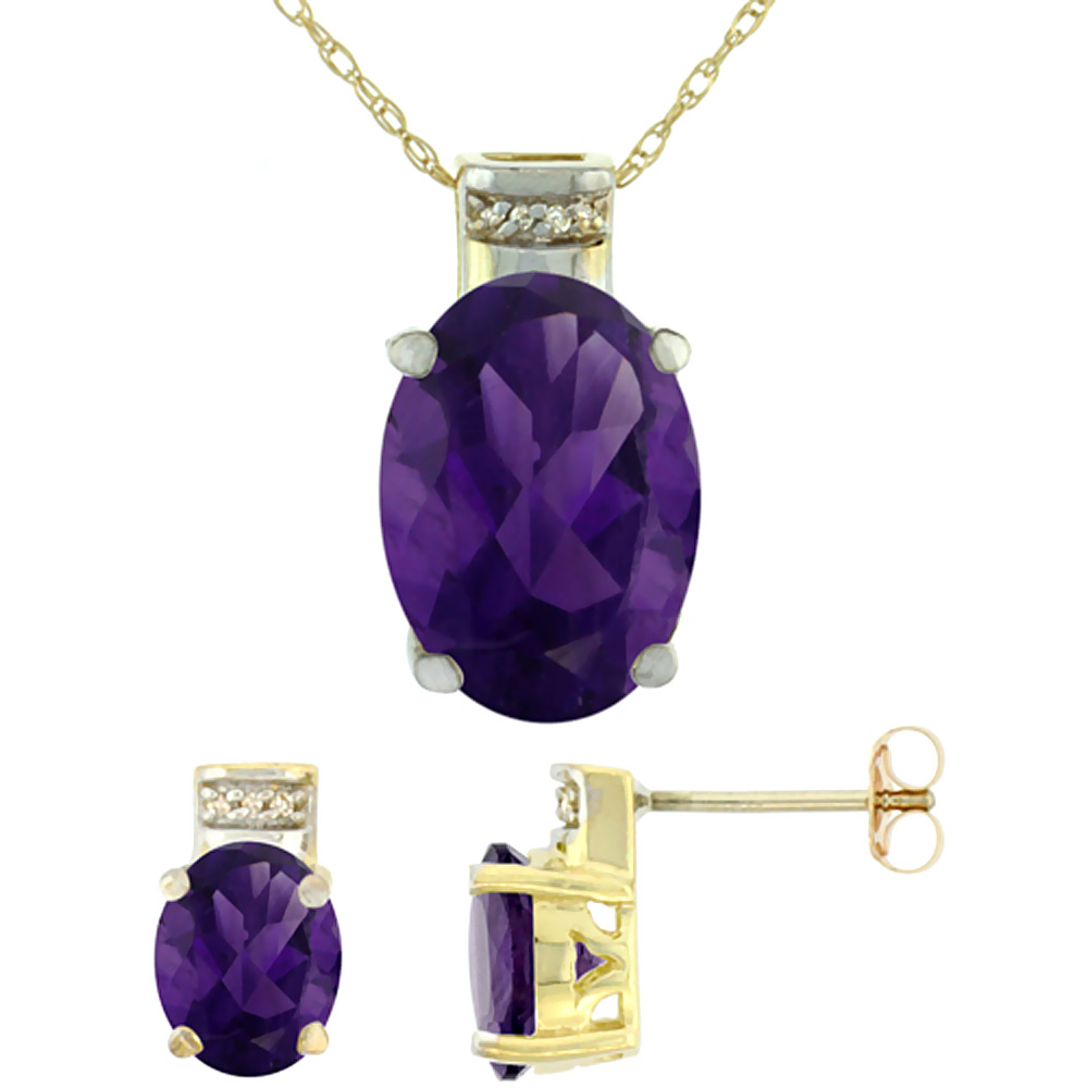 10K Yellow Gold Diamond Natural Oval Amethyst Earrings & Pendant Set