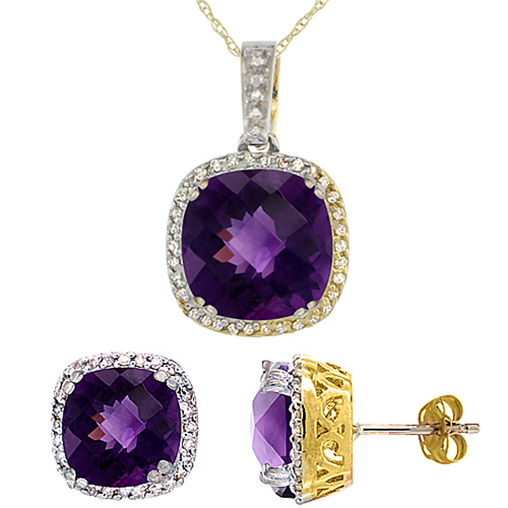 10k Yellow Gold Diamond Halo Natural Amethyst Earring Necklace Set 7x7mm &amp; 10x10mm Cushion, 18 inch