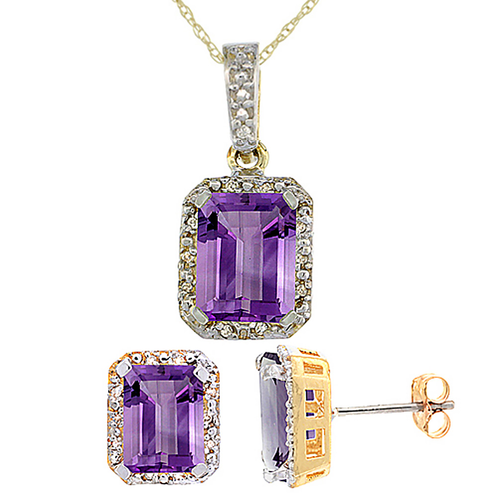 10K Yellow Gold Natural Octagon 8x6 mm Amethyst Earrings & Pendant Set Diamond Accents