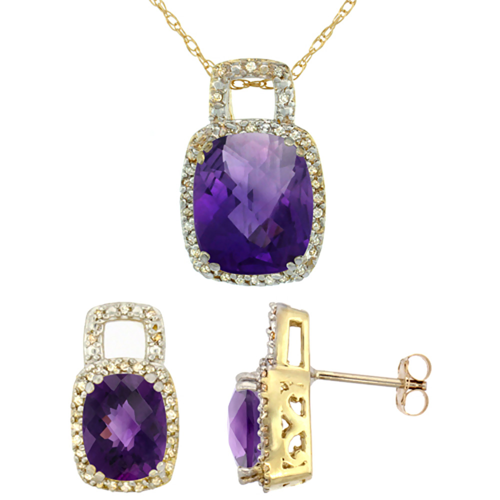 10K Yellow Gold Natural Octagon Cushion Amethyst Earrings & Pendant Set Diamond Accents