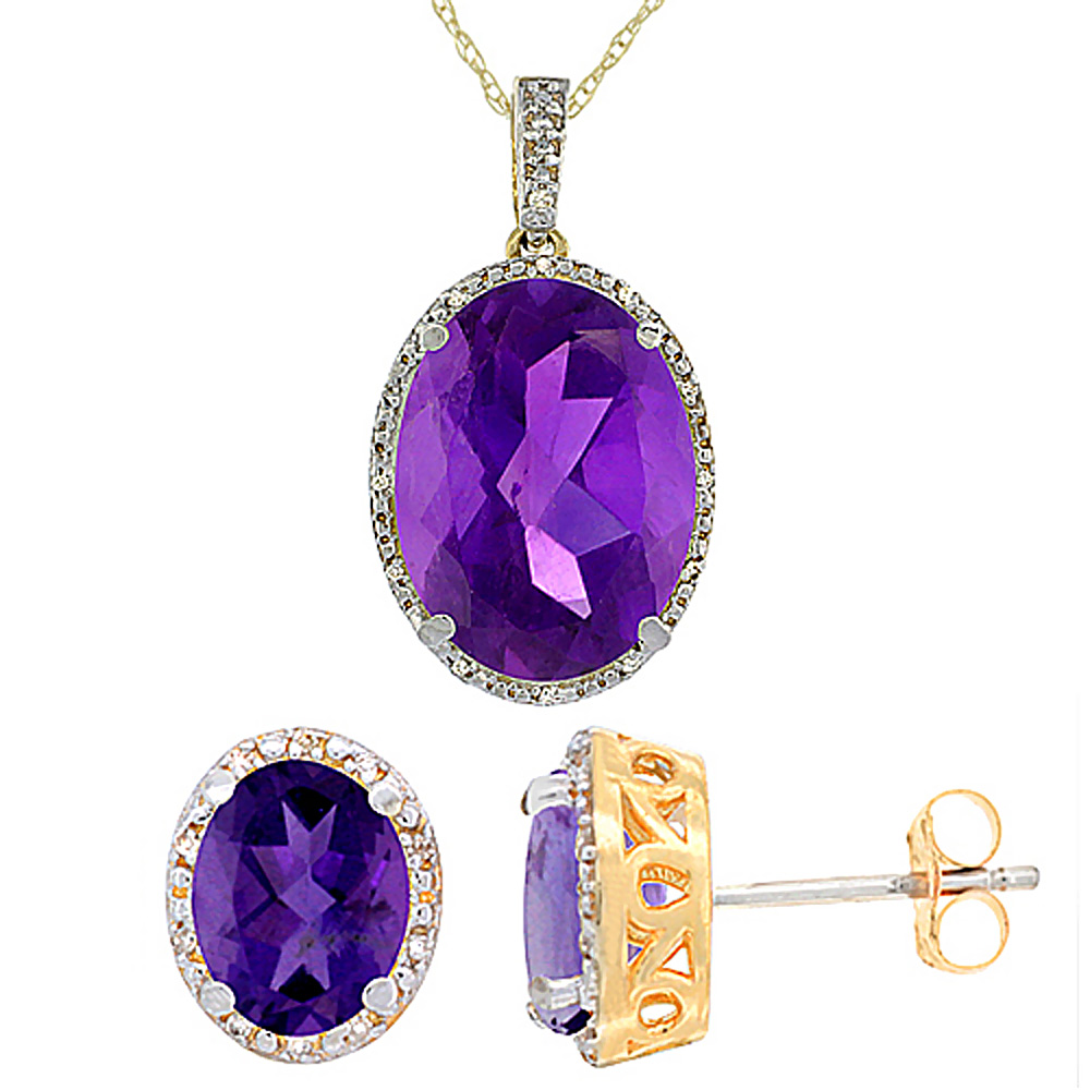 10K Yellow Gold Diamond Natural Oval Amethyst Earrings & Pendant Set