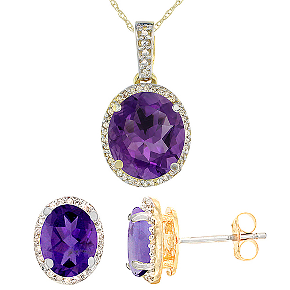 10K Yellow Gold Diamond Natural Amethyst Oval Earrings &amp; Pendant Set