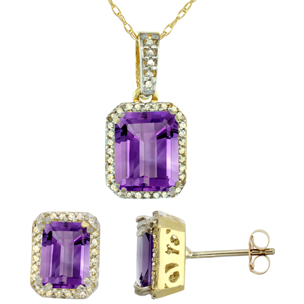 10K Yellow Gold Diamond Natural Octagon Amethyst Earrings &amp; Pendant Set