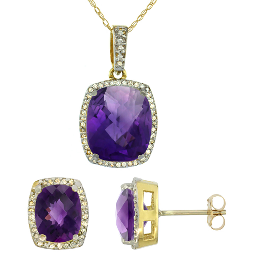 10K Yellow Gold Natural Amethyst Octagon Cushion Earrings & Pendant Set