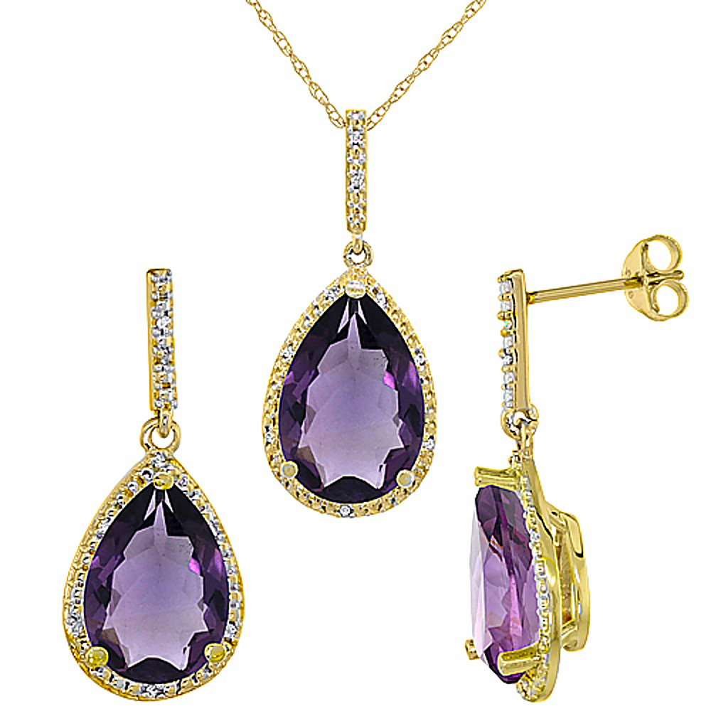 10K Yellow Gold Diamond Natural Amethyst Earrings Necklace Set Pear Shaped 12x8mm & 15x10mm, 18 inch long