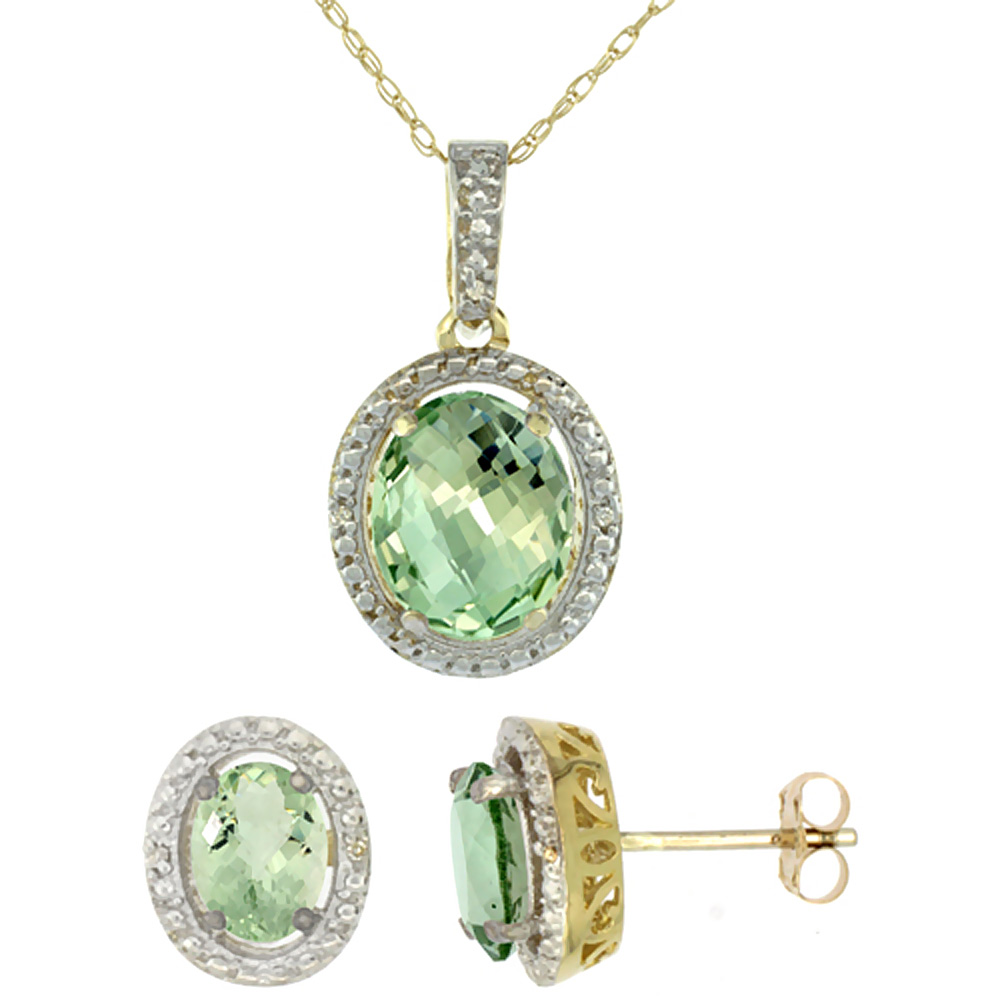 10K Yellow Gold Diamond Natural Green Amethyst Oval Earrings &amp; Pendant Set