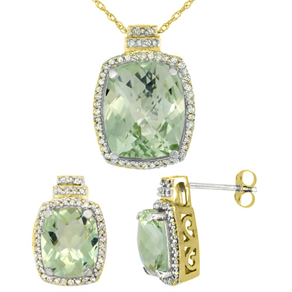 10K Yellow Gold Diamond Natural Green Amethyst 8x6mm Earrings & 11x9mm Pendant Set Octagon Cushion