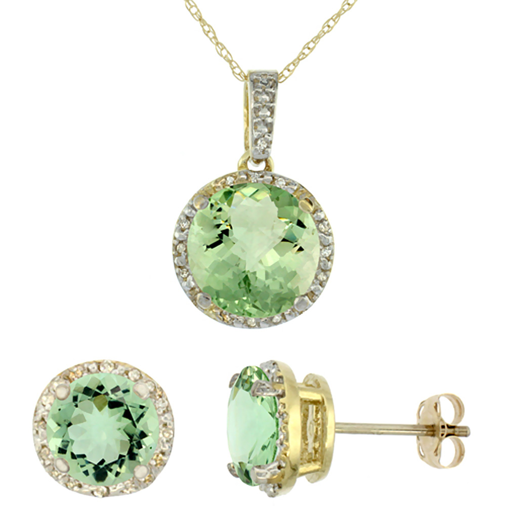 10K Yellow Gold Natural Round Green Amethyst Earrings &amp; Pendant Set Diamond Accents