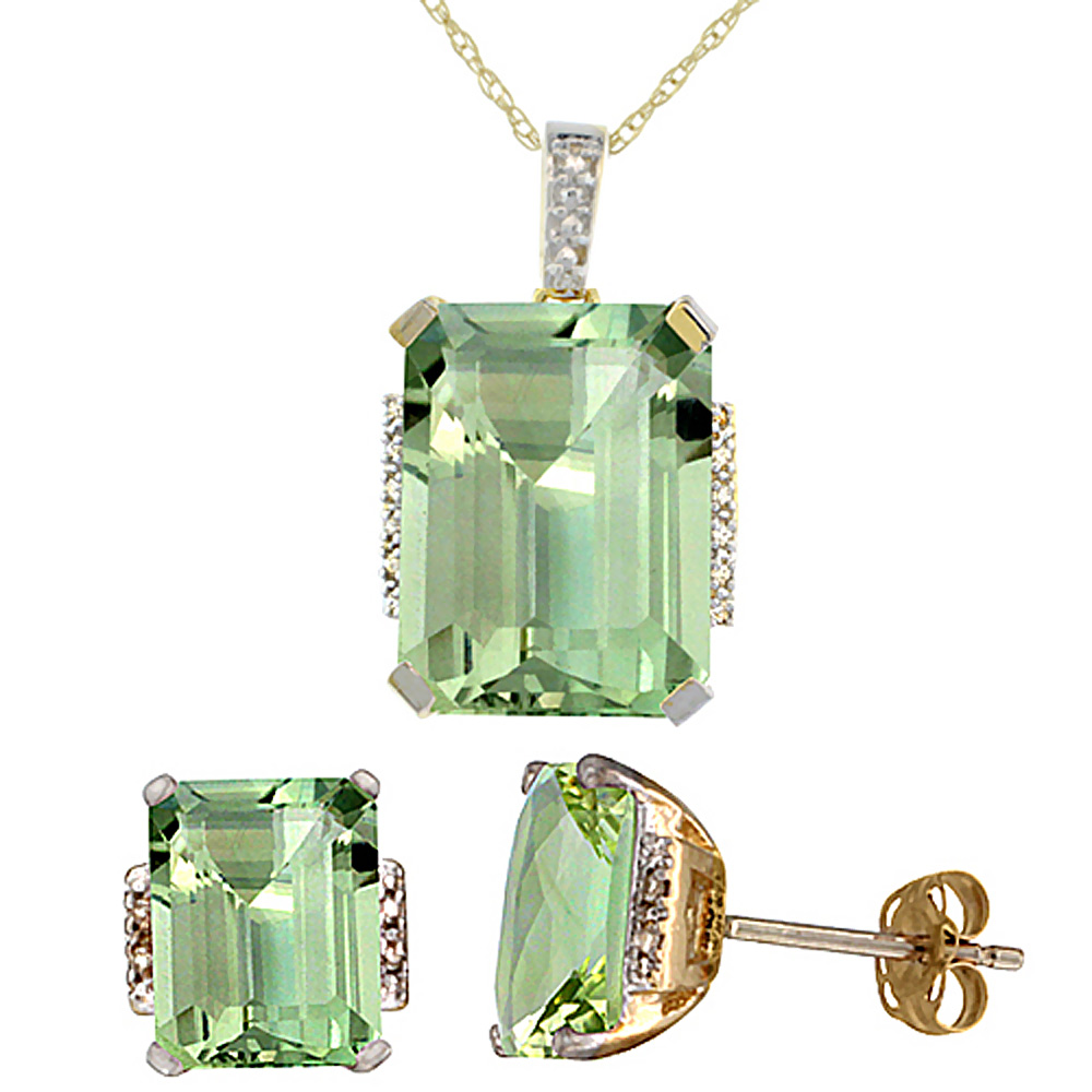 10K Yellow Gold Natural Octagon Green Amethyst Earrings & Pendant Set Diamond Accents