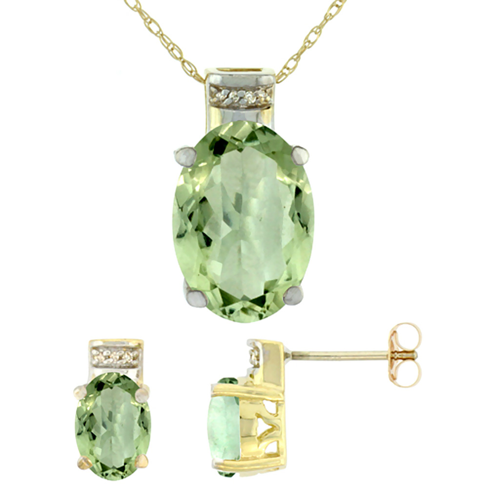 10K Yellow Gold Diamond Natural Oval Green Amethyst Earrings &amp; Pendant Set