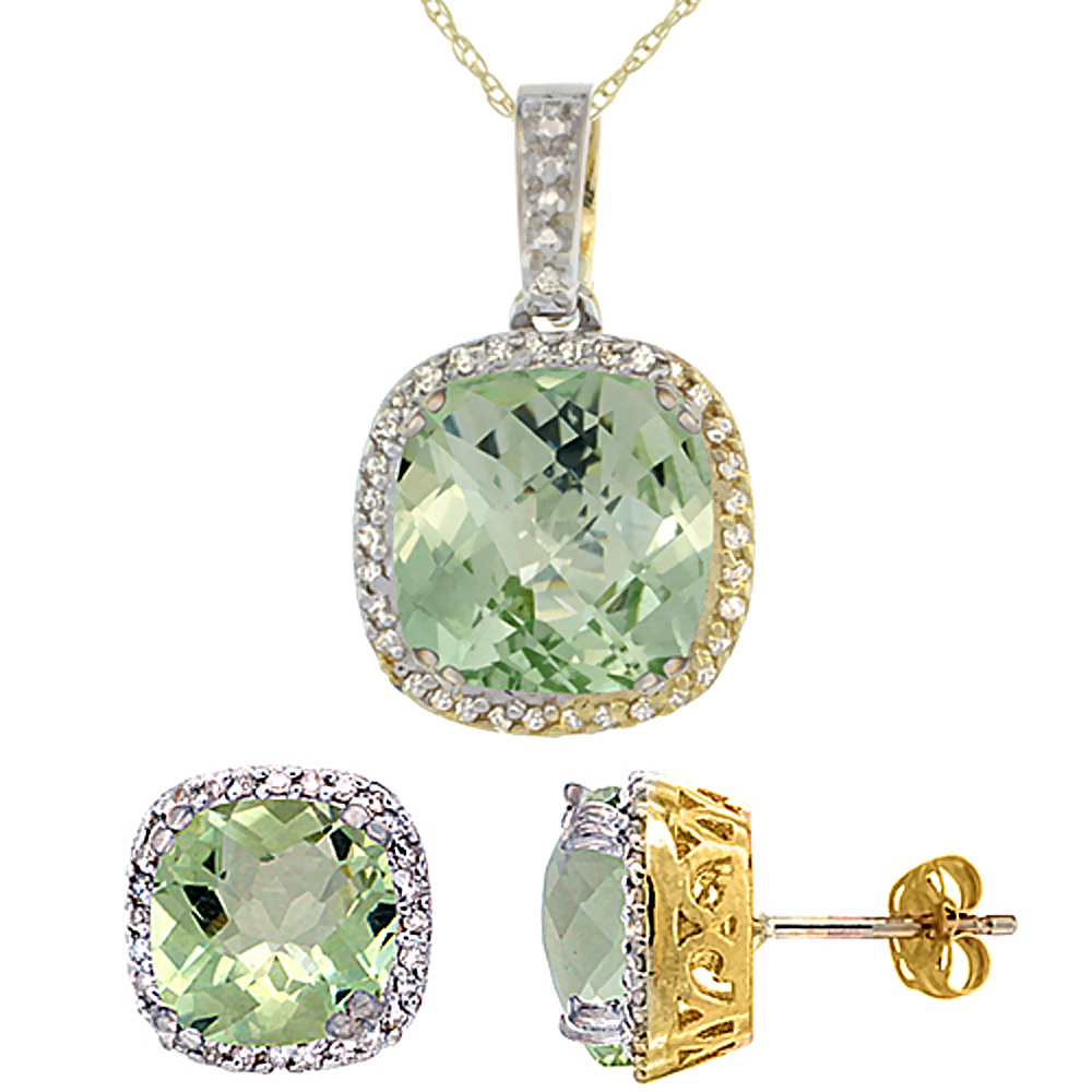 10k Yellow Gold Diamond Halo Natural Green Amethyst Earring Necklace Set 7x7mm &amp; 10x10mm Cushion, 18 inch