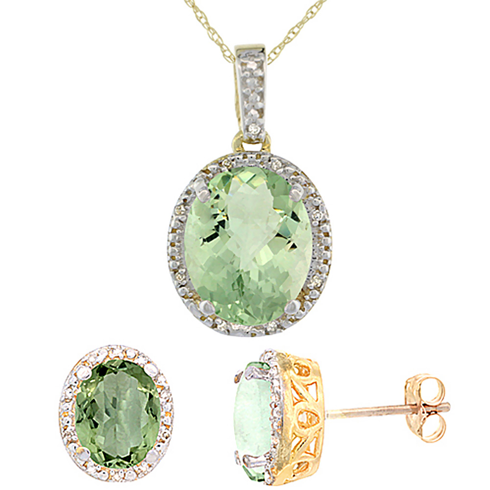 10K Yellow Gold Diamond Halo Natural Green Amethyst Earrings Necklace Set Oval 7x5mm &amp; 12x10mm, 18 inch