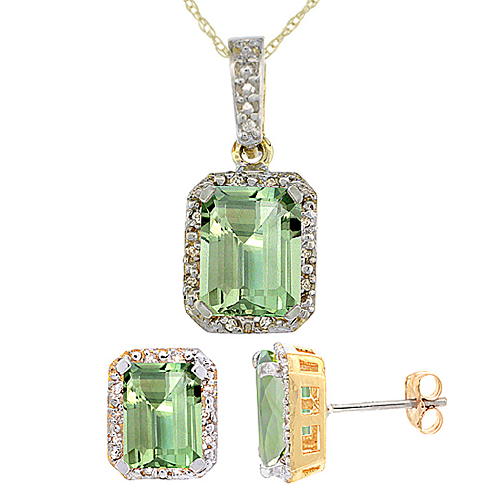 10K Yellow Gold Natural Octagon 8x6 mm Green Amethyst Earrings &amp; Pendant Set Diamond Accents