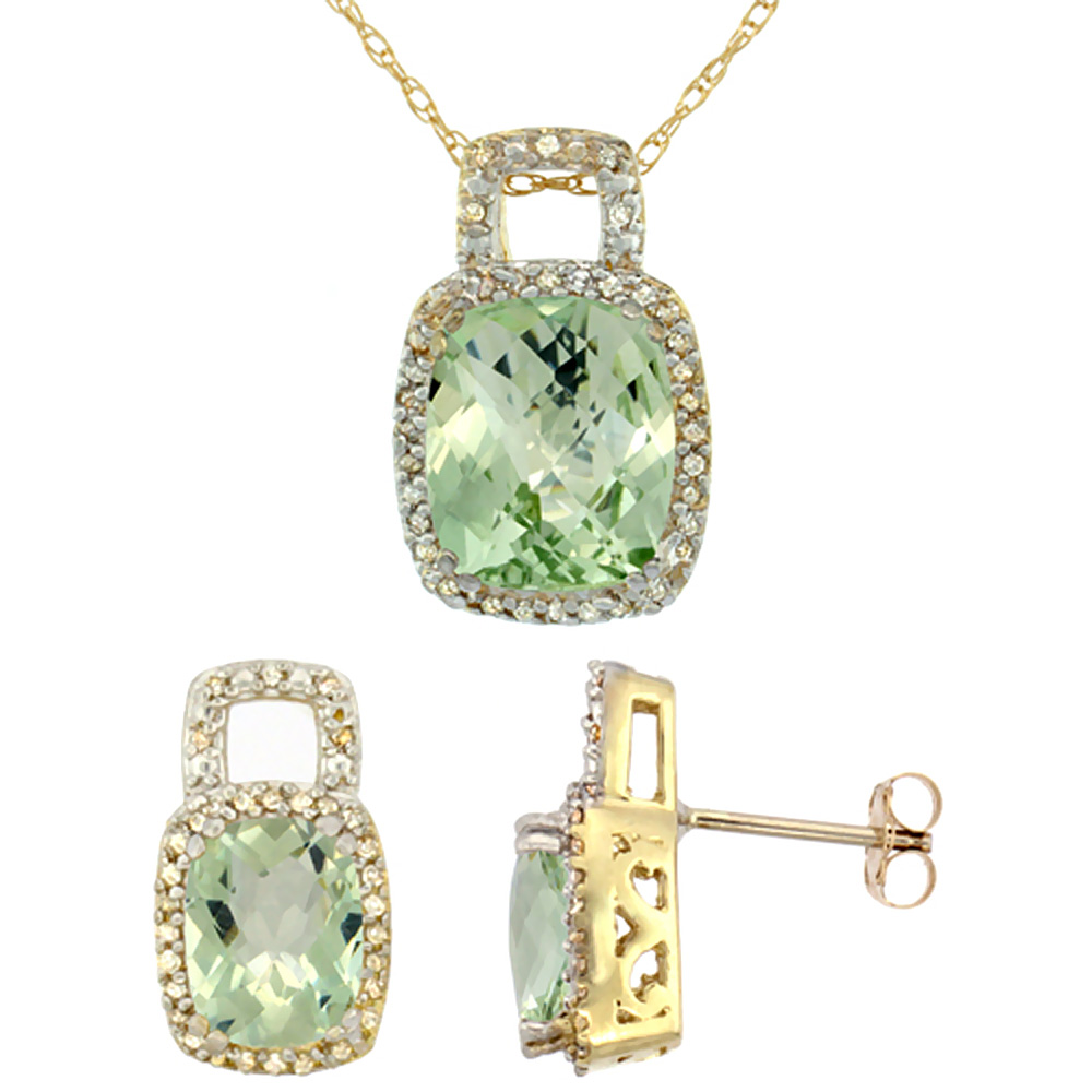 10K Yellow Gold Natural Octagon Cushion Green Amethyst Earrings &amp; Pendant Set Diamond Accents