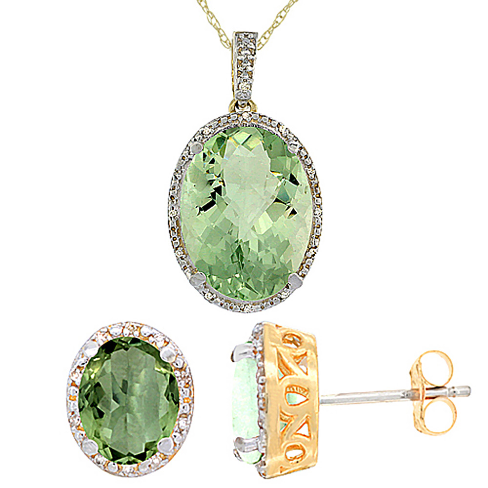 10K Yellow Gold Diamond Natural Oval Green Amethyst Earrings & Pendant Set
