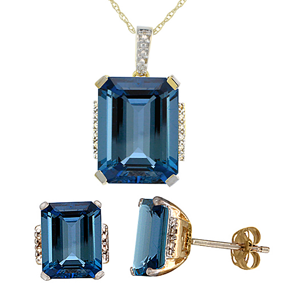 10K Yellow Gold Natural Octagon London Blue Topaz Earrings &amp; Pendant Set Diamond Accents