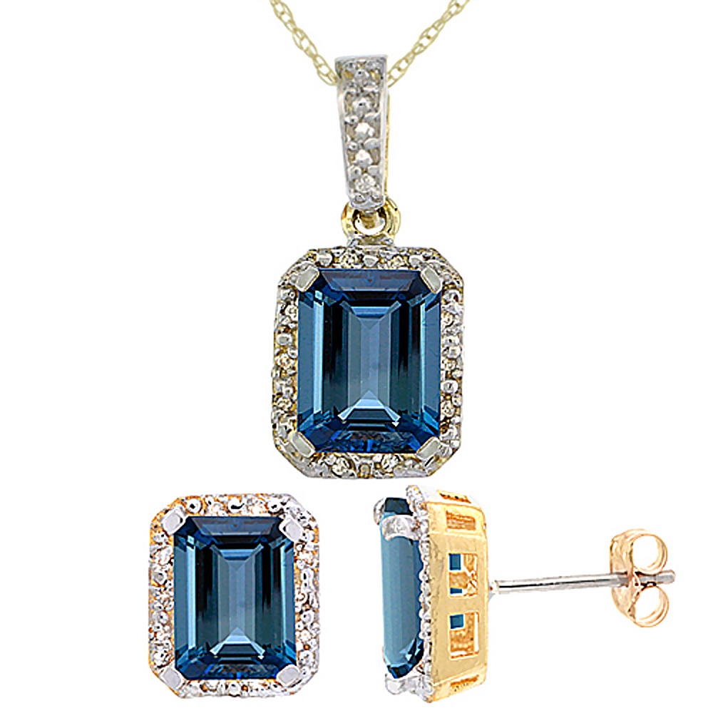 10K Yellow Gold Natural Octagon 8x6 mm London Blue Topaz Earrings & Pendant Set Diamond Accents