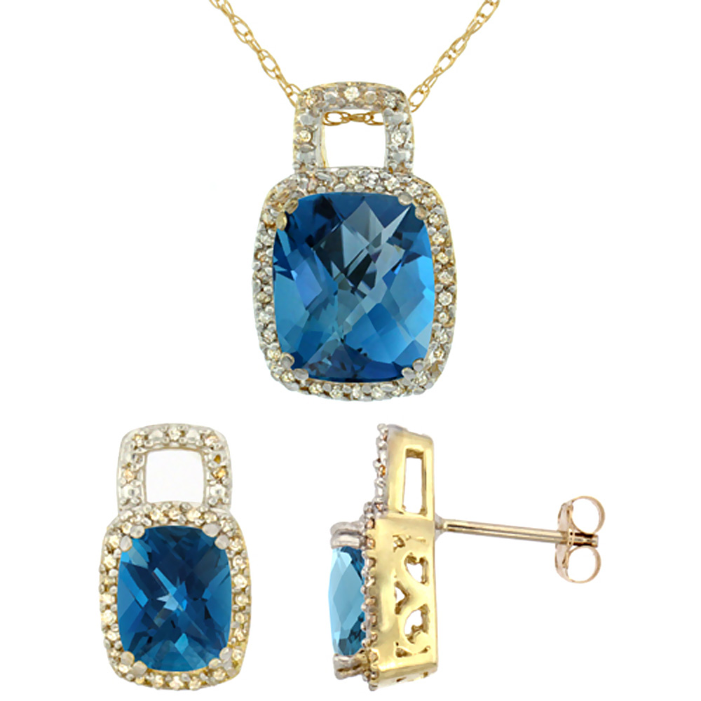 10K Yellow Gold Natural Octagon Cushion London Blue Topaz Earrings &amp; Pendant Set Diamond Accents