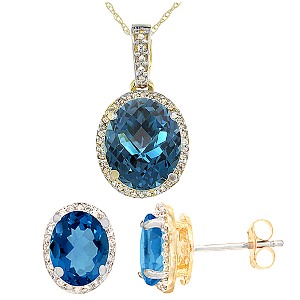 10K Yellow Gold Diamond Natural London Blue Topaz Oval Earrings &amp; Pendant Set