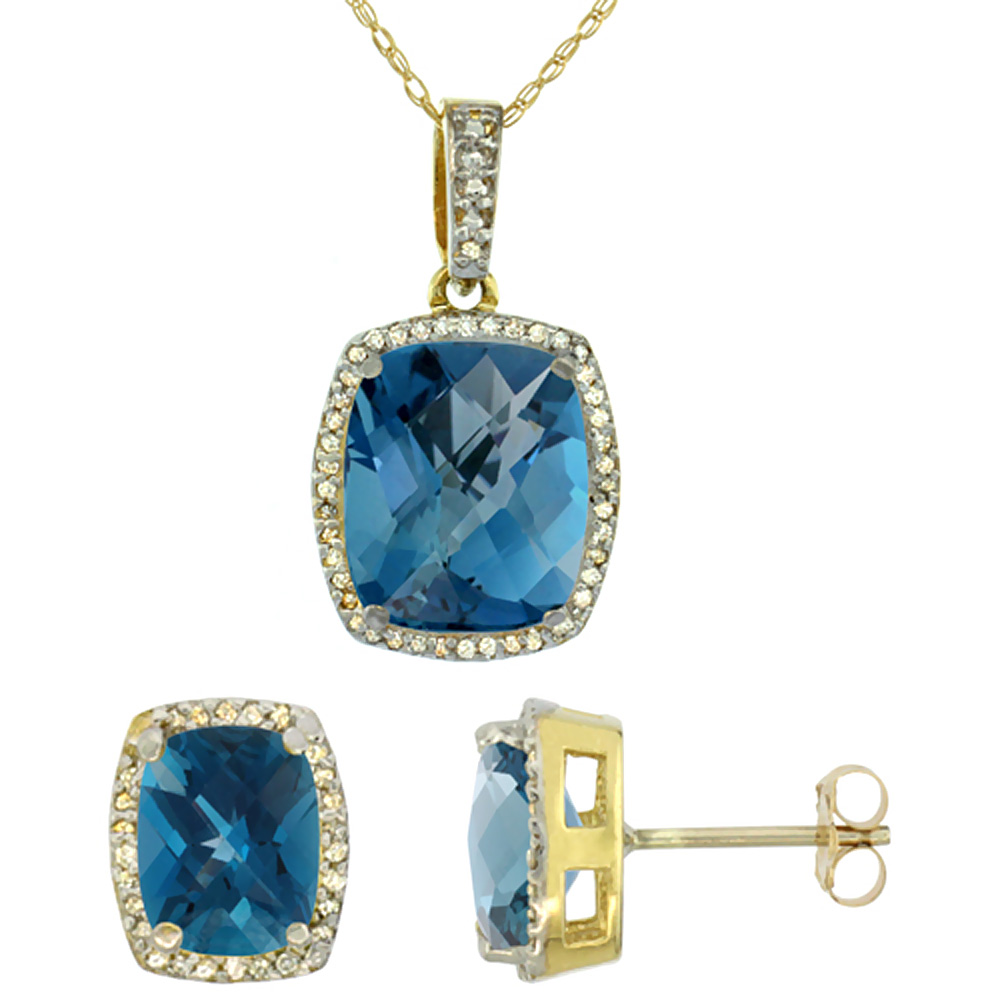 10K Yellow Gold Natural London Blue Topaz Octagon Cushion Earrings & Pendant Set