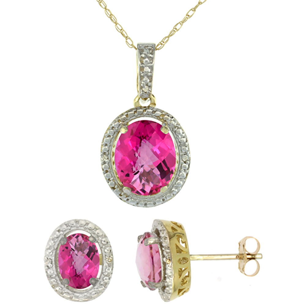 10K Yellow Gold Diamond Natural Pink Topaz Oval Earrings &amp; Pendant Set