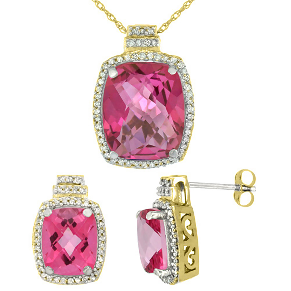 10K Yellow Gold Diamond Natural Pink Topaz 8x6mm Earrings & 11x9mm Pendant Set Octagon Cushion