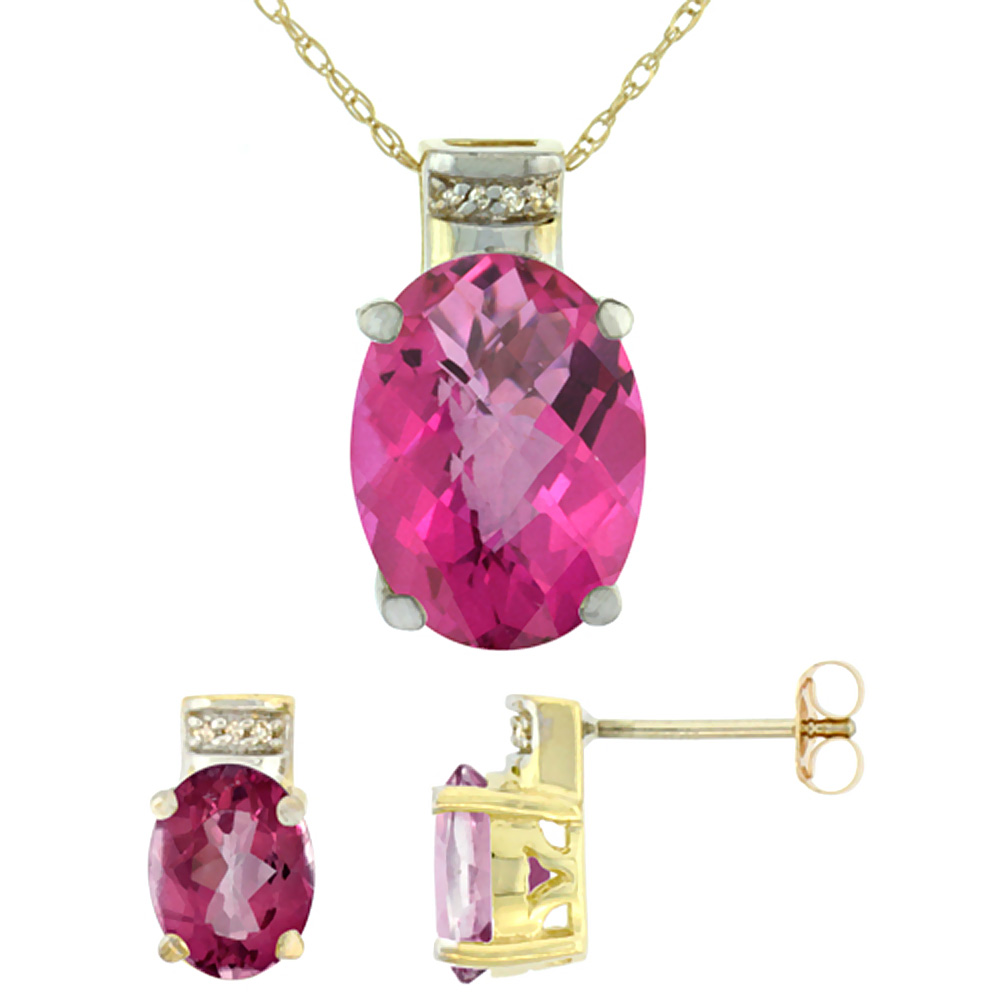 10K Yellow Gold Diamond Natural Oval Pink Topaz Earrings & Pendant Set