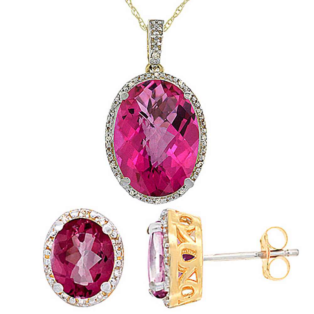 10K Yellow Gold Diamond Natural Oval Pink Topaz Earrings &amp; Pendant Set