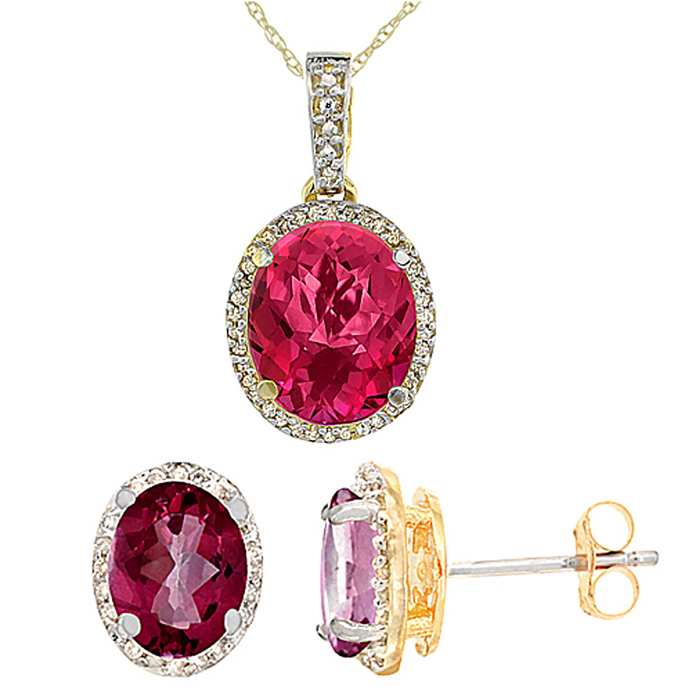 10K Yellow Gold Diamond Natural Pink Topaz Oval Earrings & Pendant Set