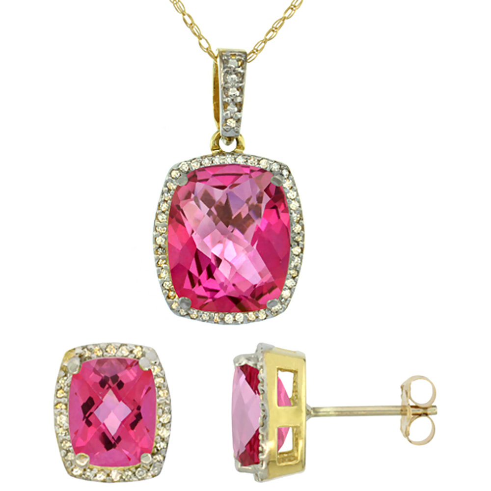 10K Yellow Gold Natural Pink Topaz Octagon Cushion Earrings & Pendant Set