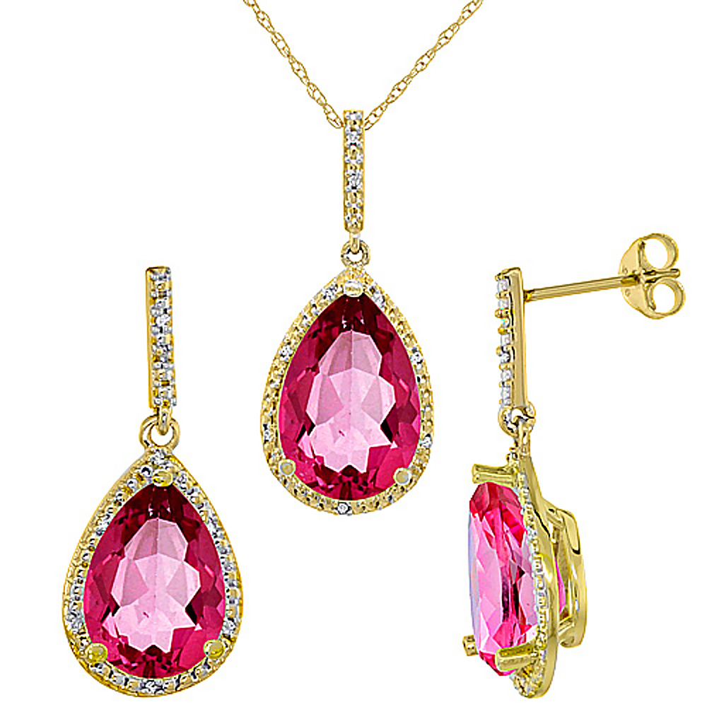 10K Yellow Gold Diamond Natural Pink Topaz Earrings Necklace Set Pear Shaped 12x8mm & 15x10mm, 18 inch